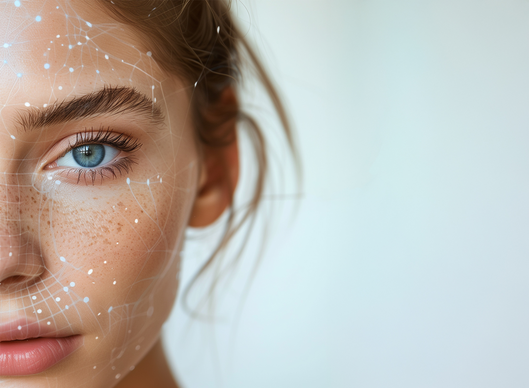 Detailaufnahme einer Gesichtshälfte mit blauem Auge und Sommersprossen, überlagert von feinen, netzartigen Linien als Darstellung von Hautanalyse und moderner Hautpflege.