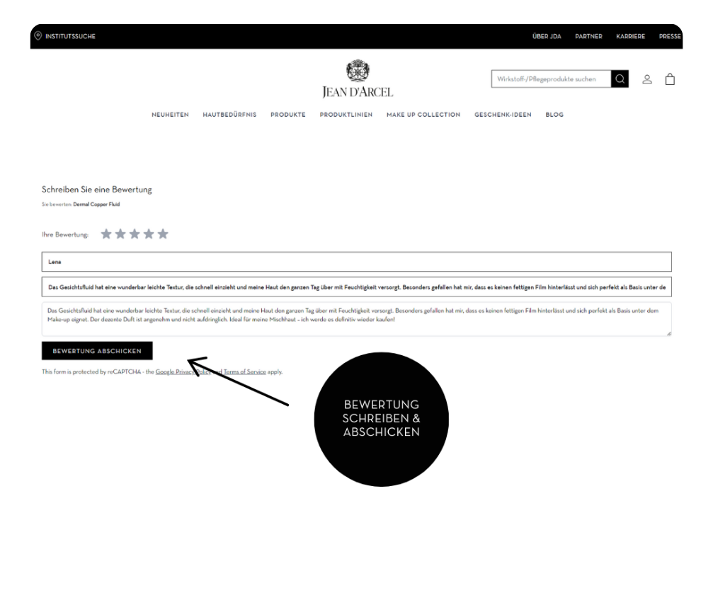 Screenshot der Produktdetailseite, der den Bereich "Schreiben Sie eine Bewertung" zeigt.