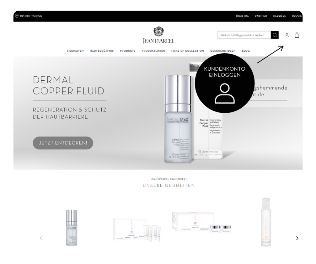 Screenshot der JEAN D'ARCEL Webseite mit hervorgehobenem "Kundenkonto einloggen".