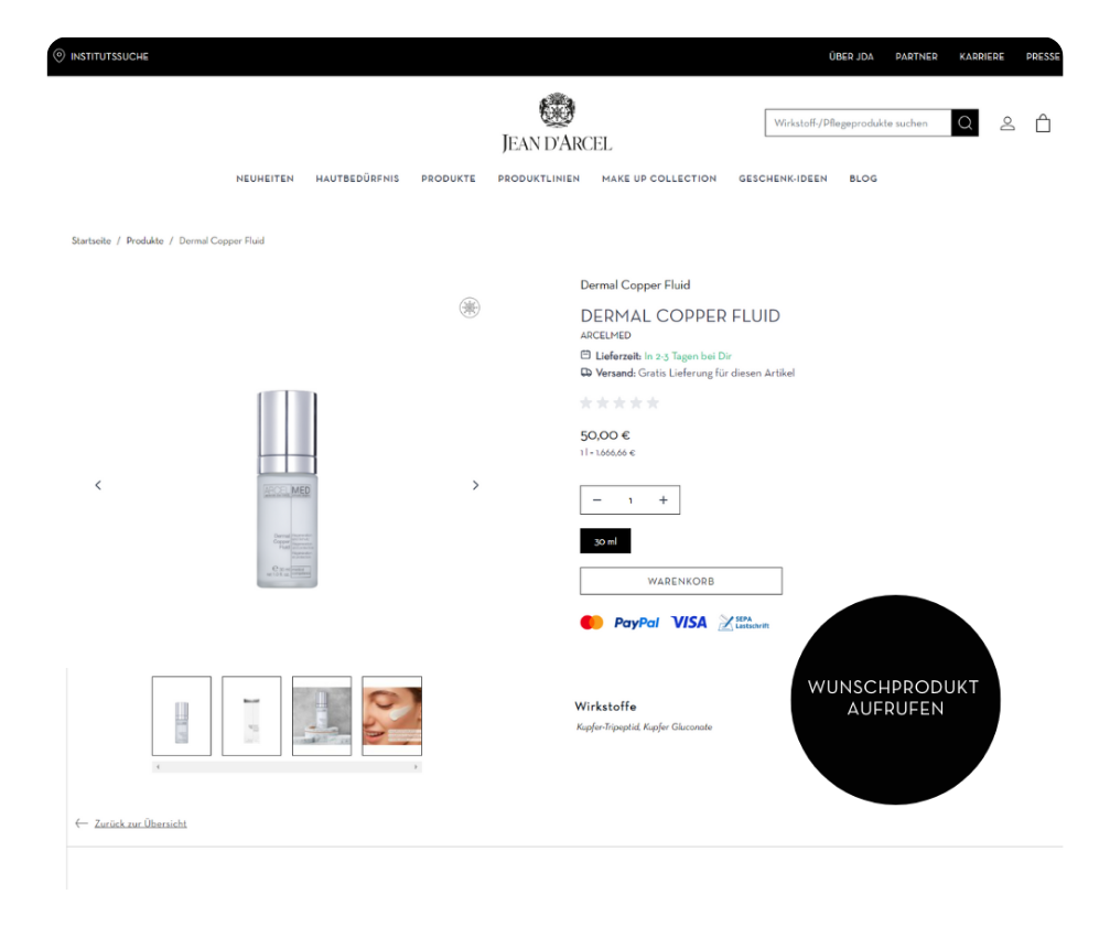 Screenshot der Produktdetailseite von JEAN D'ARCEL mit hervorgehobenem "Wunschprodukt aufrufen".